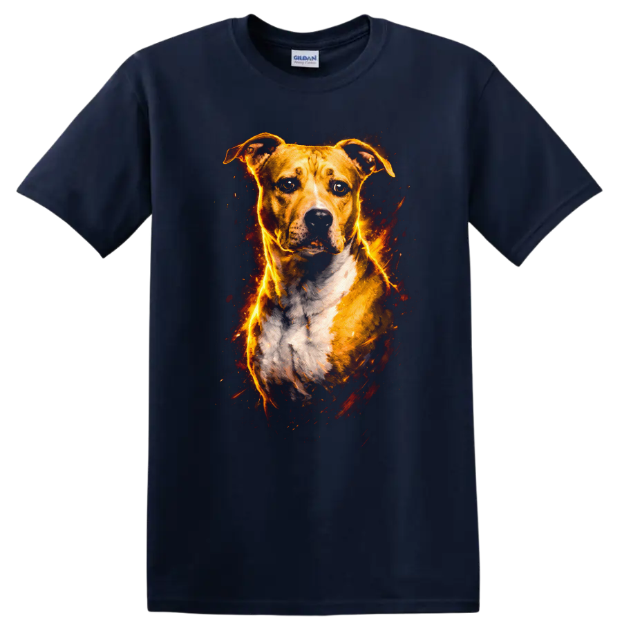 Fiery Pit Bull Dog Portrait Graphic T Shirt for Dog Lovers on a Navy (Blue) T Shirt