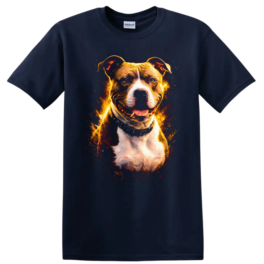 Pit Bull Dog Portrait Fire Glow T Shirt for Dog Lovers and Breed Fans on a Navy (Blue) T Shirt