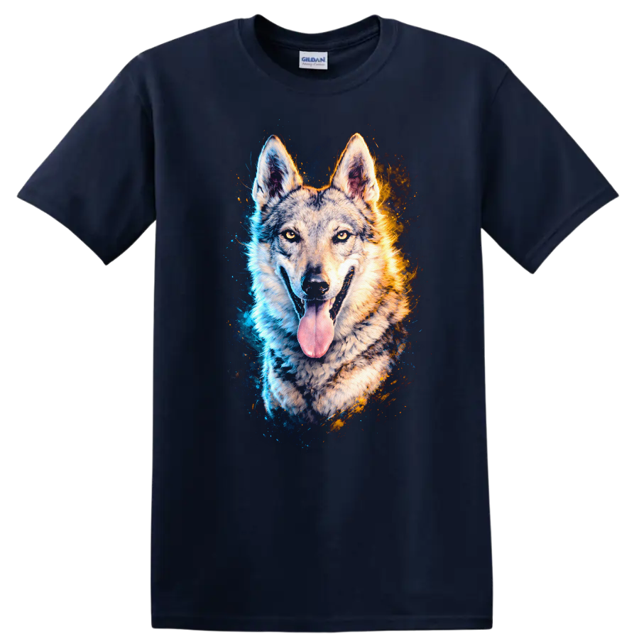 Blue and Orange Wolf Portrait Graphic T Shirt for Dog Lovers on a Navy (Blue) T Shirt