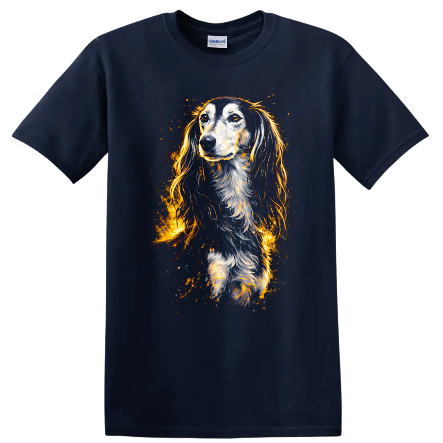 Glowing Long Haired Dog Portrait T Shirt for Dog Lovers - Navy (Blue)