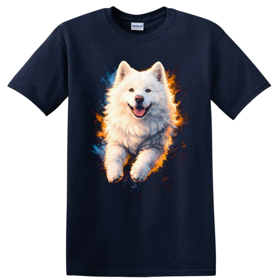White Fluffy Dog Splash Art T Shirt for Dog Lovers - Navy (Blue)