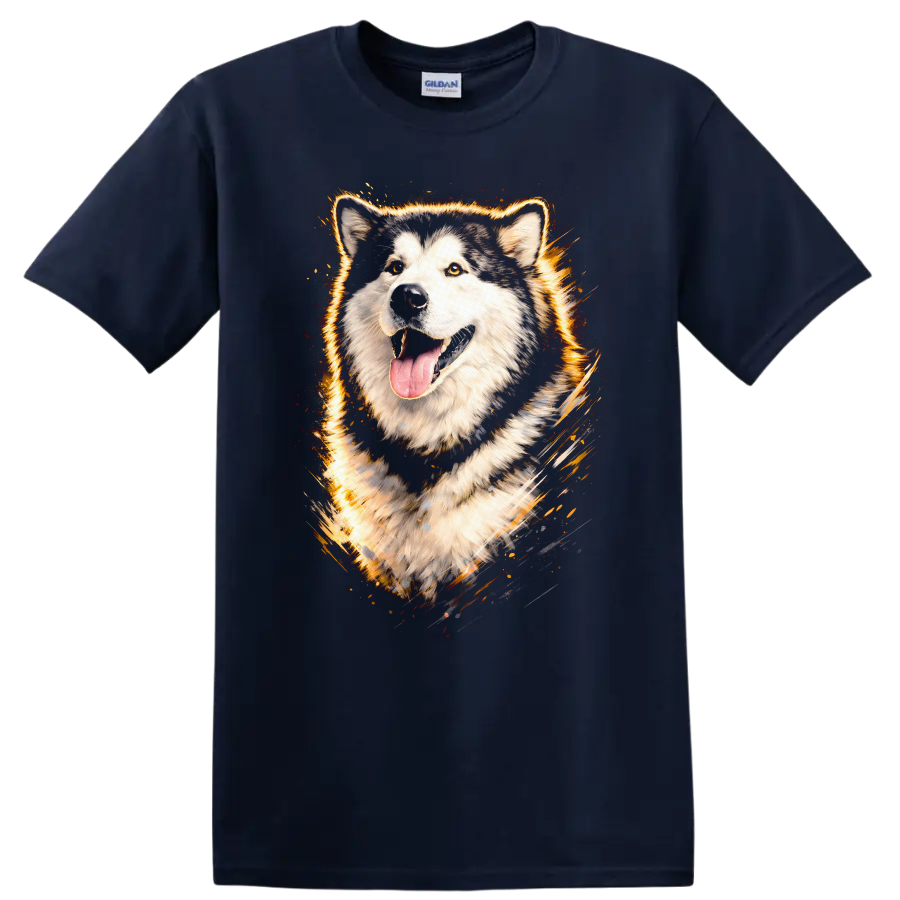 Flaming Husky Dog Portrait Graphic T Shirt for Dog Lovers on a Navy (Blue) T Shirt