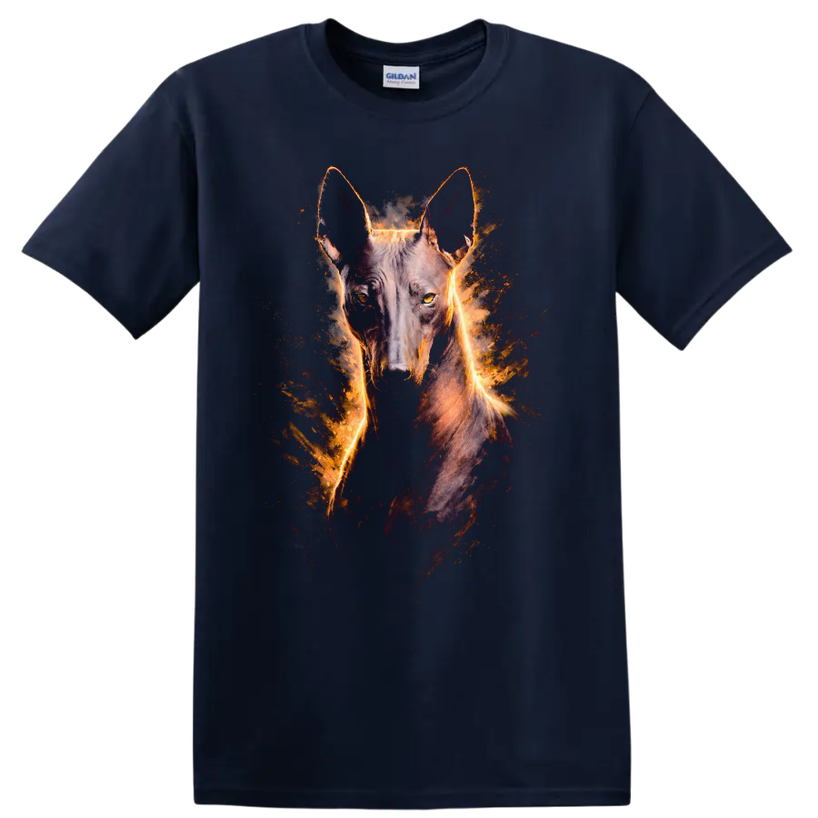 Belgian Malinois Dog Fire Glow Portrait T Shirt for Breed Lovers on a Navy (Blue) T Shirt