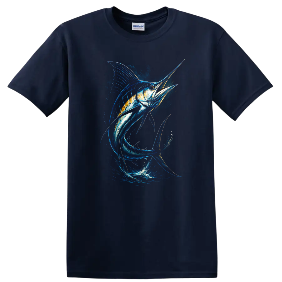 Blue Marlin Fish Splash Art T Shirt, Ocean Angler Graphic - Navy (Blue)