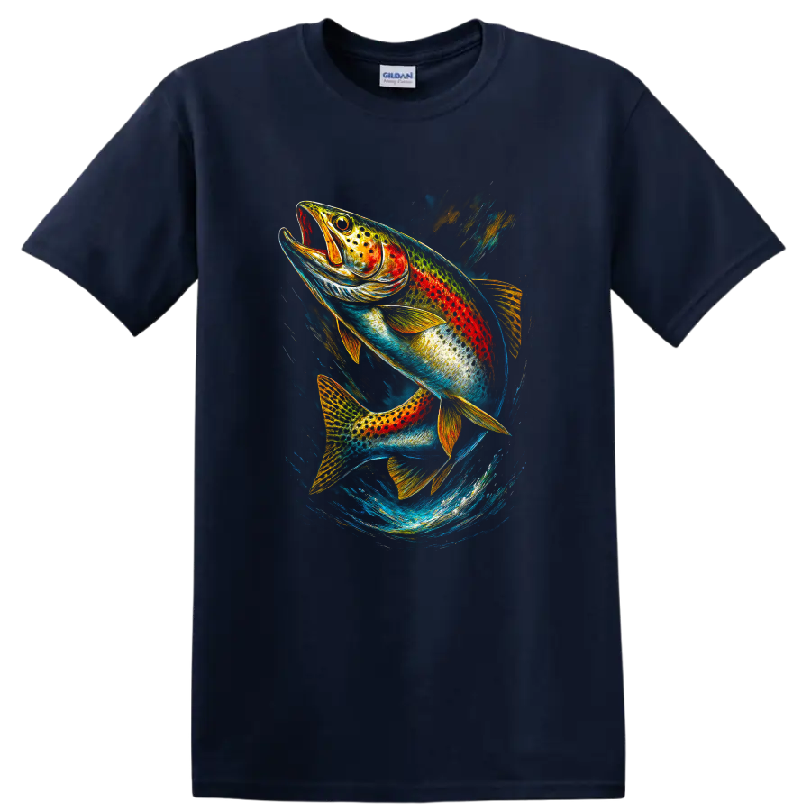 Colorful Rainbow Fish T Shirt Vibrant Trout Artwork Fishing Gift - Navy (Blue)