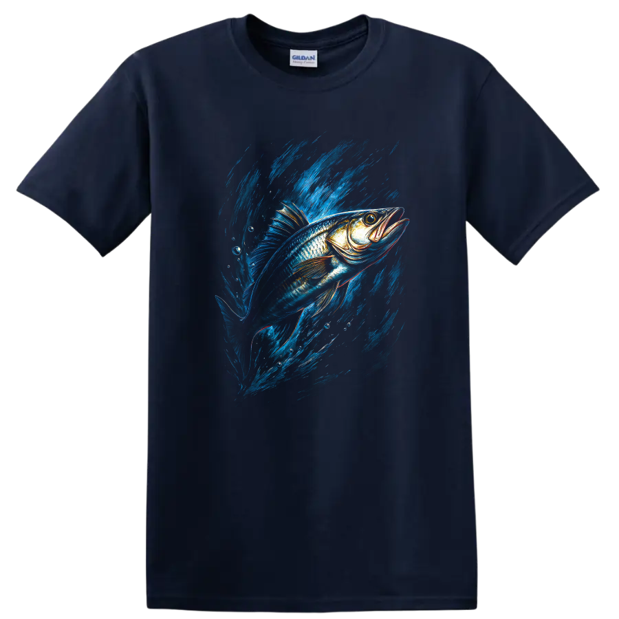 Blue Fish Splash Graphic T Shirt For Anglers and Nature Lovers - Navy (Blue)
