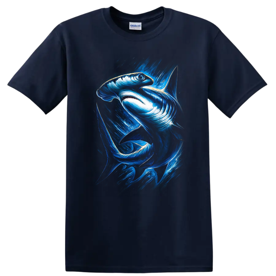 Blue Shark Art Graphic T Shirt Ocean Predator Abstract Wildlife Tee - Navy (Blue)
