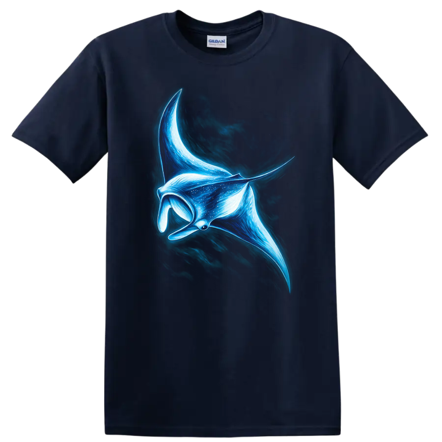 Glowing Blue Manta Ray Fish Art T Shirt for Ocean Lovers - Navy (Blue)