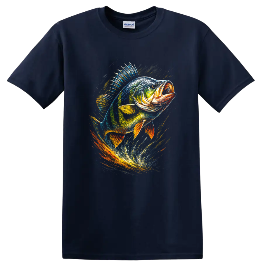 Colorful Fish Art T Shirt for Anglers and Ocean Lovers - Navy (Blue)