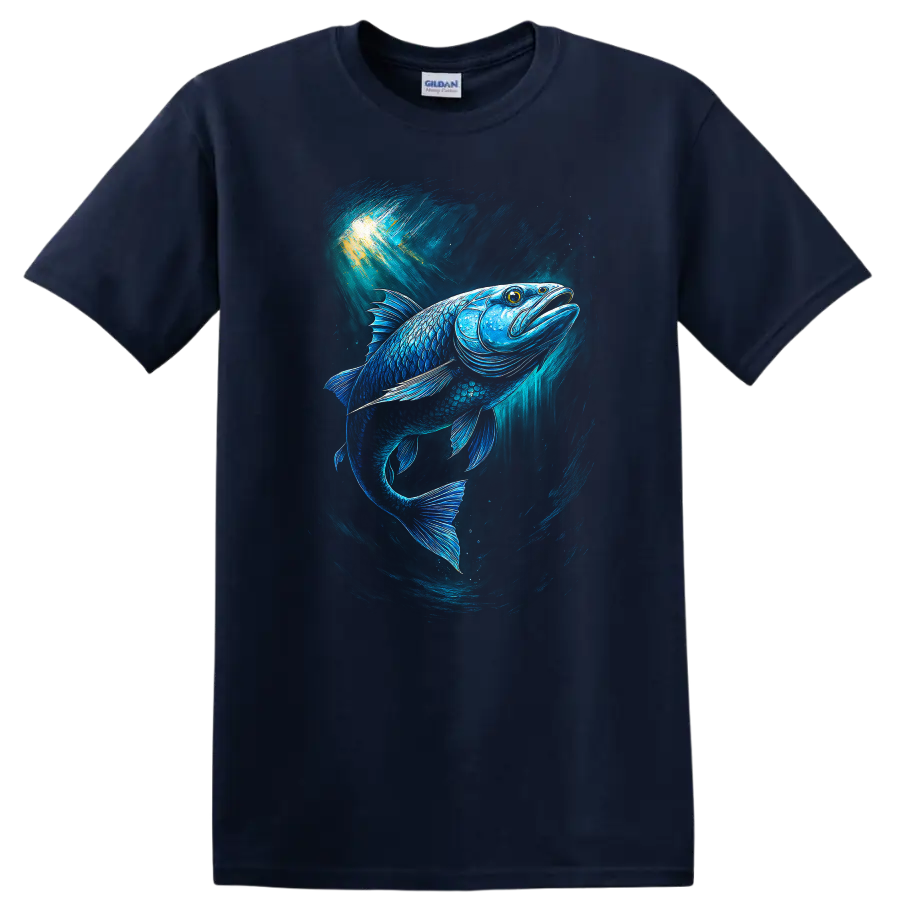 Glowing Blue Fish Underwater Art T Shirt Vibrant Ocean Angler Design - Navy (Blue)