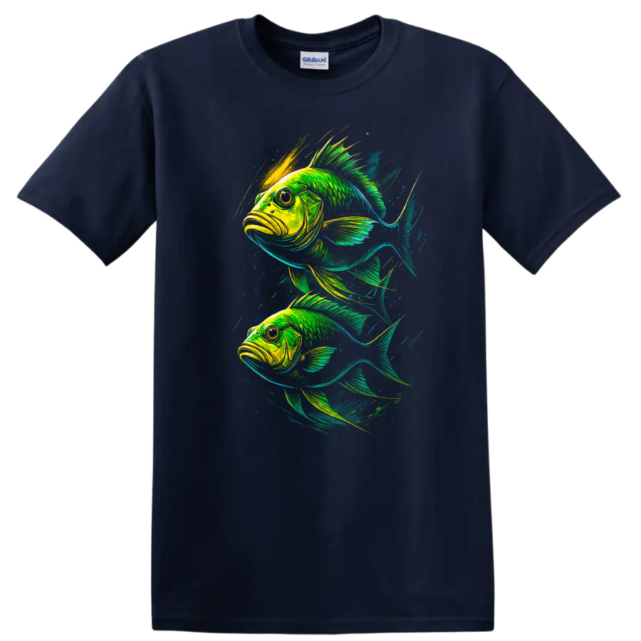 Neon Fish Art Graphic T Shirt Vibrant Tropical Aquatic Design - Navy (Blue)