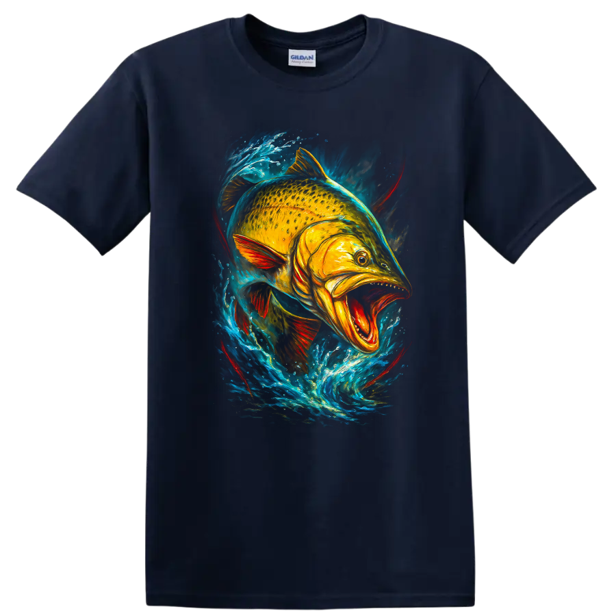 Vibrant Fish Splash Art T Shirt Bold Colorful Aquatic Angler Design - Navy (Blue)