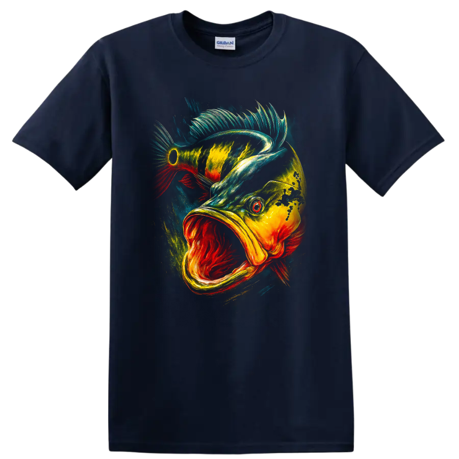 Colorful Jumping Fish Art T Shirt Vibrant Wildlife Graphic Tee - Navy (Blue)