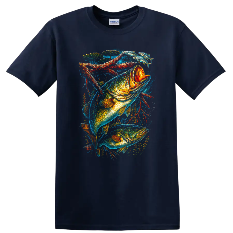 Colorful Bass Fish Art T Shirt for Anglers and Fishing Lovers - Navy (Blue)