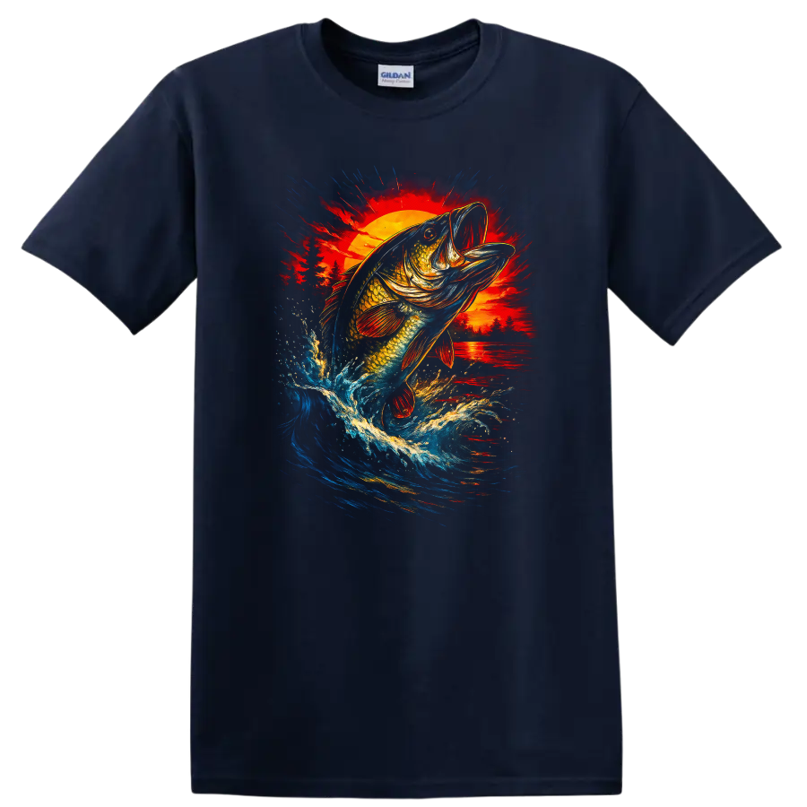 Colorful Bass Fish Jumping at Sunset Fishing T Shirt - Navy (Blue)