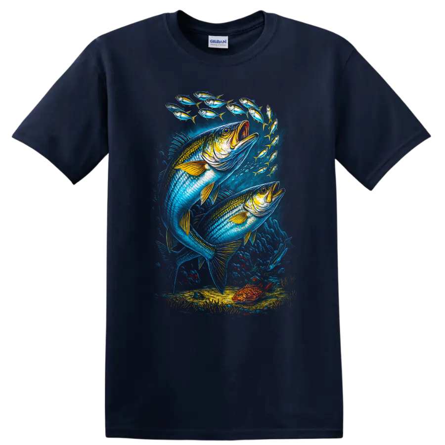 Colorful Fish School Underwater Ocean Art T Shirt for Anglers - Navy (Blue)
