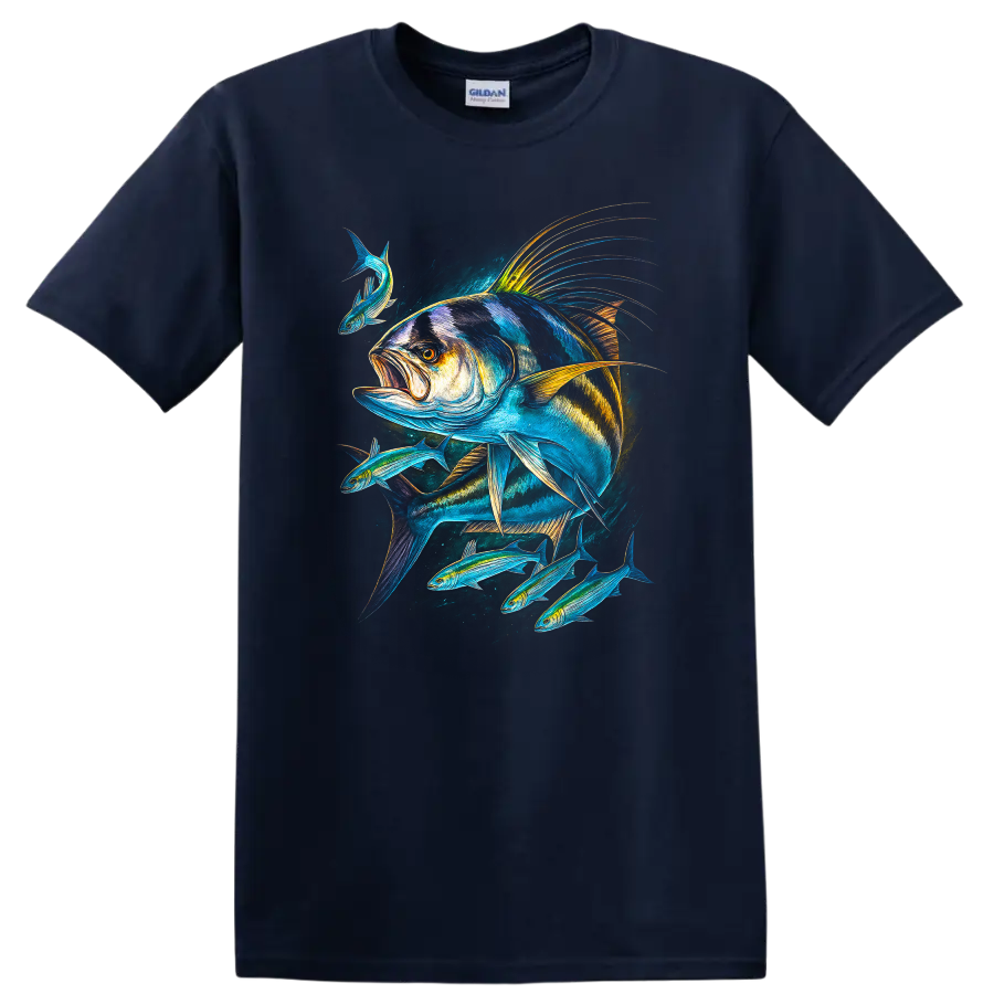 Colorful Fish School Art T Shirt Bold Ocean Angler Design - Navy (Blue)