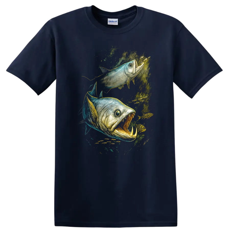 Aggressive Fish Duo Underwater Predator Art T Shirt - Navy (Blue)