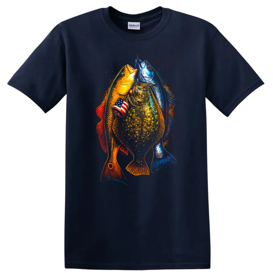 Patriotic Fish Trio American Flag Graphic T Shirt - Navy (Blue)