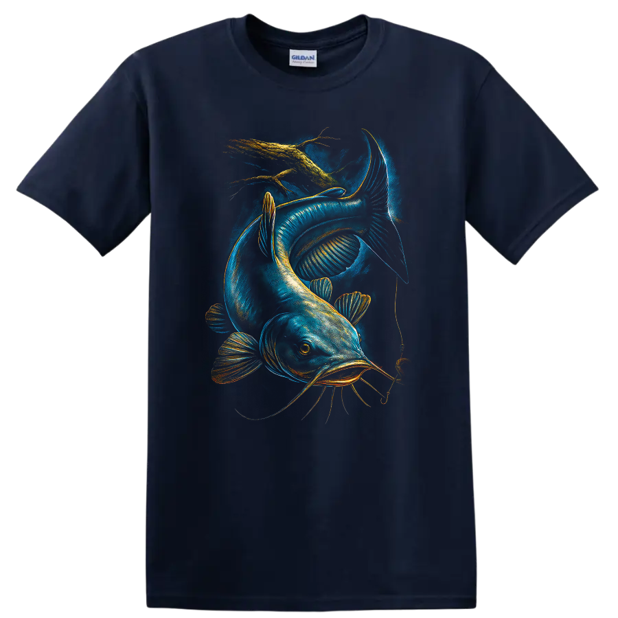 Glowing Catfish Fishing Lure Art T Shirt for Anglers and Fish Lovers - Navy (Blue)