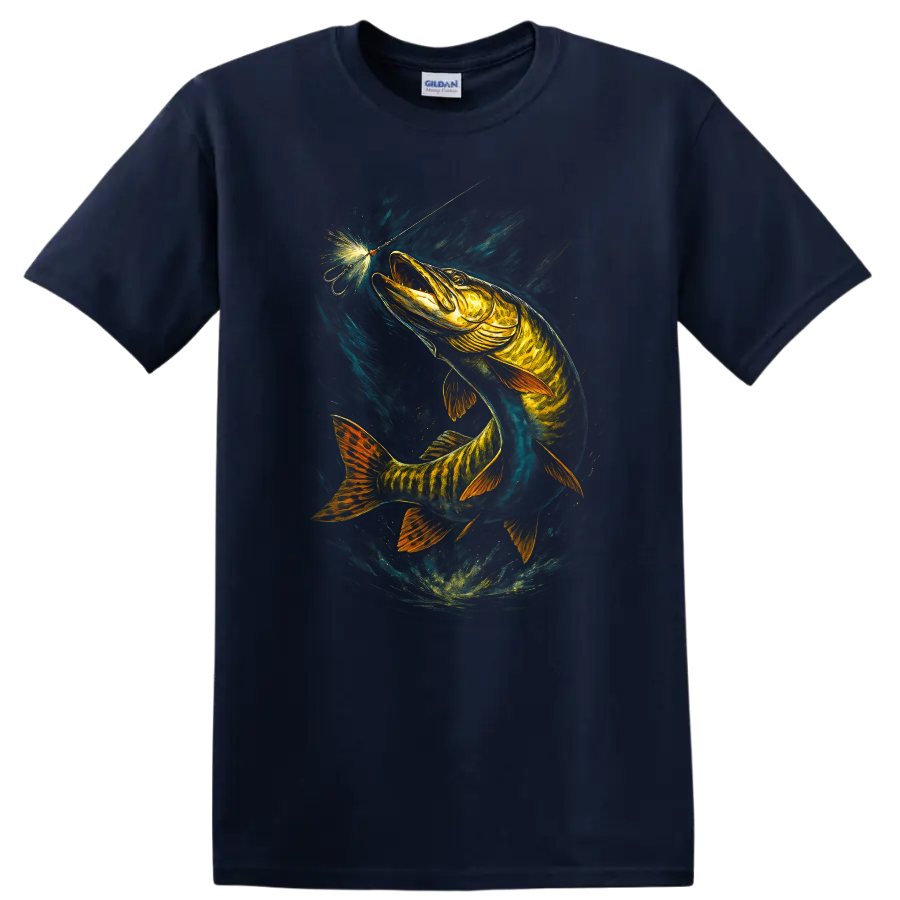 Glowing Fish Lure Art T Shirt Neon Angler Fishing Graphic - Navy (Blue)