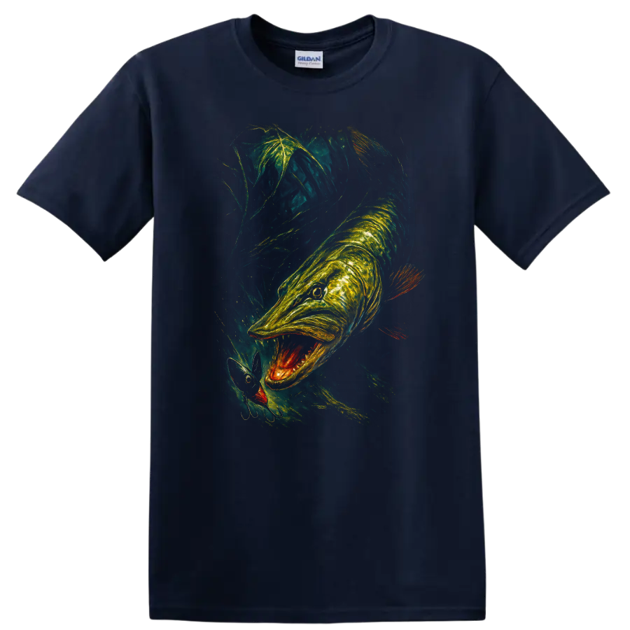 Glowing Fish Predator Art T Shirt Neon Underwater Hunting Scene - Navy (Blue)