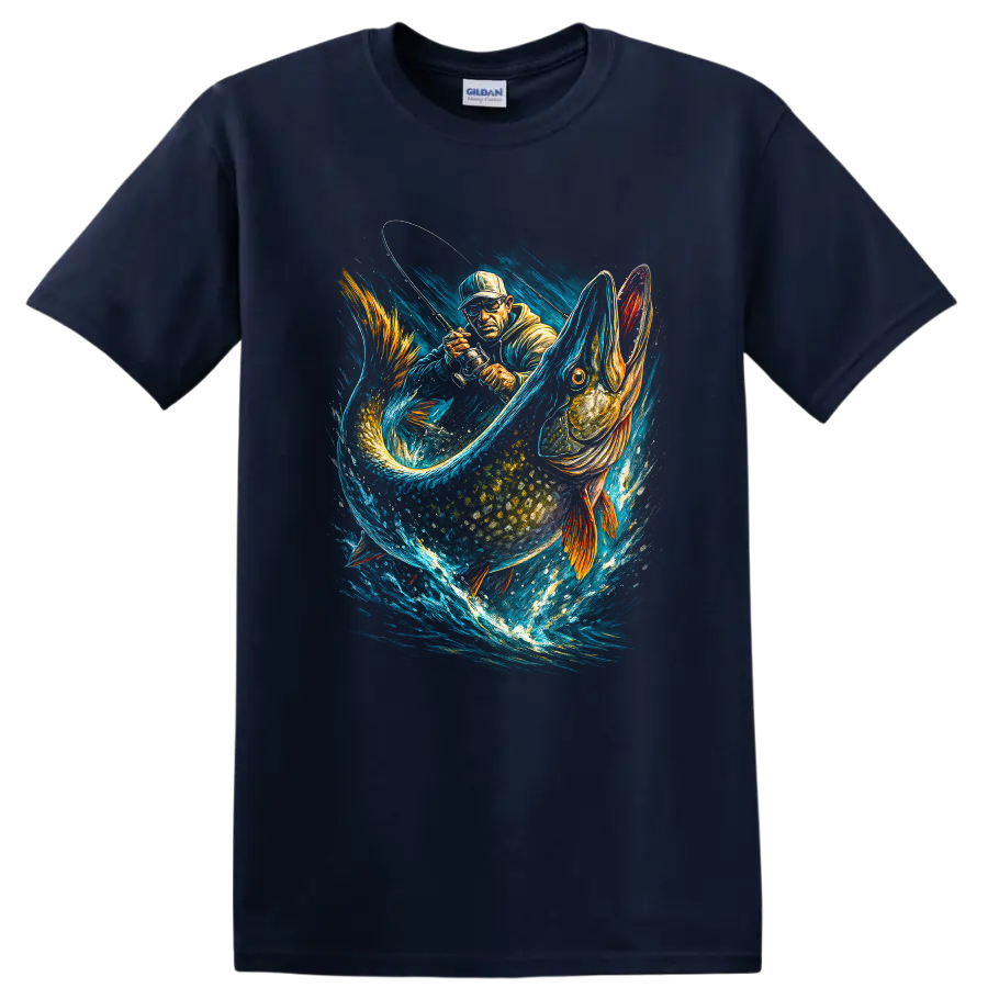 Angler Fishing Giant Pike Action Art T Shirt for Lake Sport Fishermen - Navy (Blue)