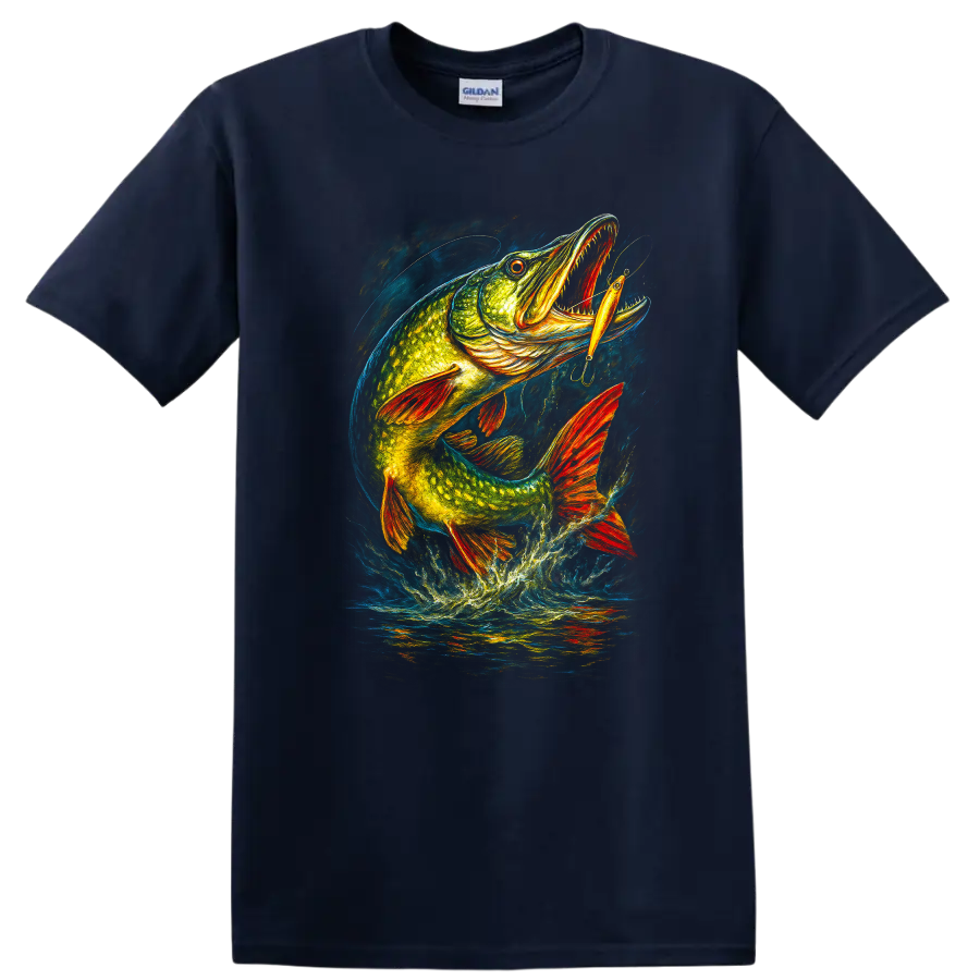 Colorful Pike Fish Lure Jumping Art T Shirt for Anglers - Navy (Blue)
