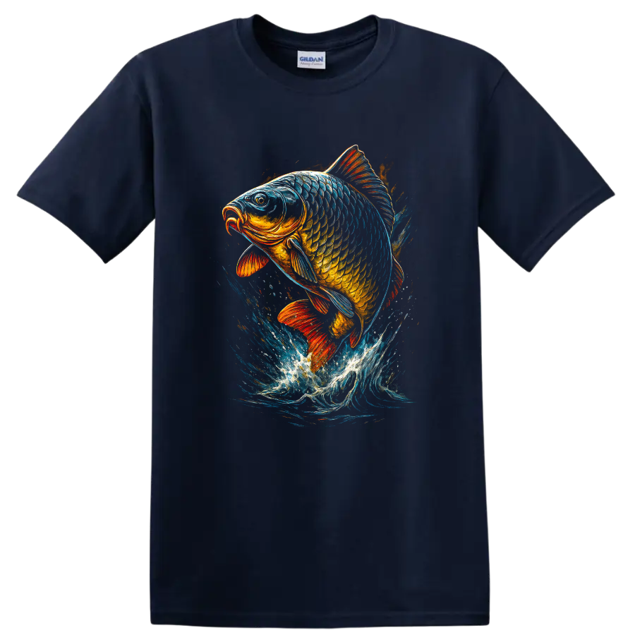 Colorful Leaping Fish Graphic T Shirt for Anglers and Nature Lovers - Navy (Blue)
