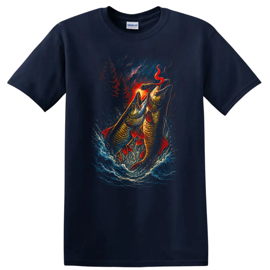 Fishing Lure Fish Jumping Art Graphic T Shirt for Anglers - Navy (Blue)