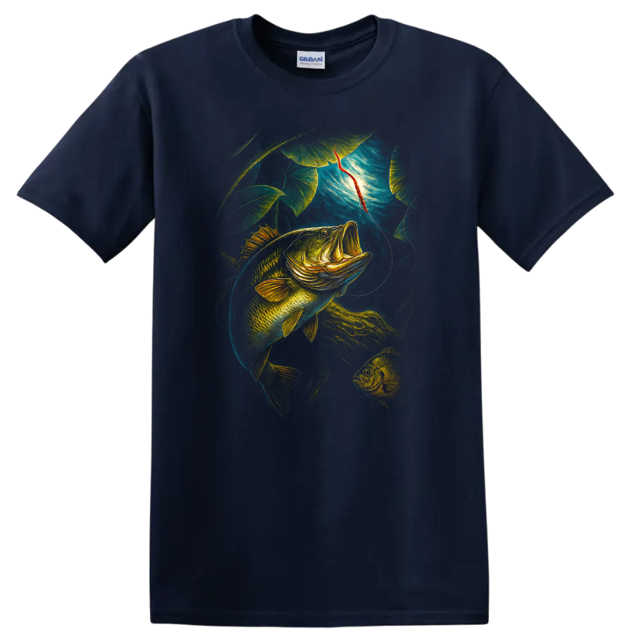 Colorful Bass Fishing T Shirt Lure Catch Fish Art Outdoor Angler Tee - Navy (Blue)