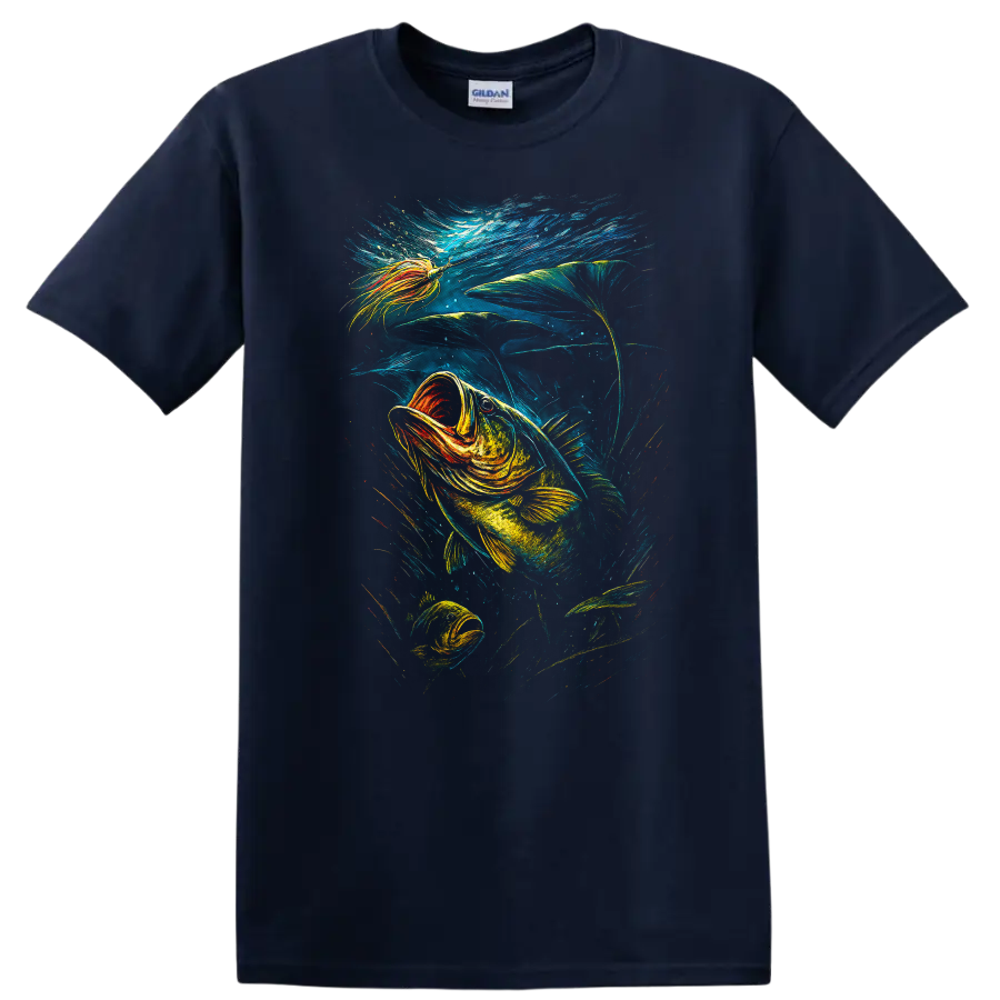 Colorful Fish Underwater Art T Shirt Vibrant Ocean Angler Design - Navy (Blue)