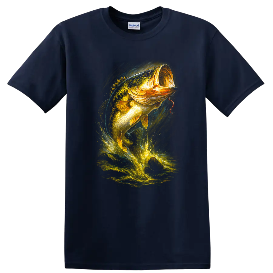 Glowing Largemouth Bass Fish Splash Art T Shirt for Anglers - Navy (Blue)