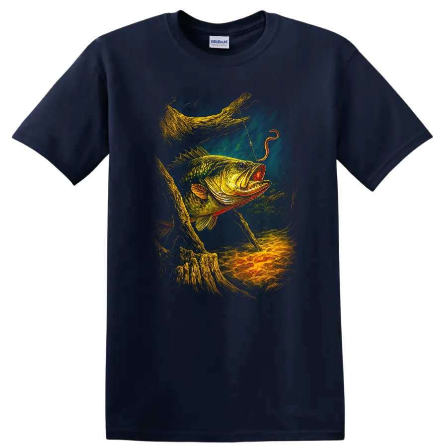 Colorful Largemouth Bass Fishing Art T Shirt for Anglers - Navy (Blue)