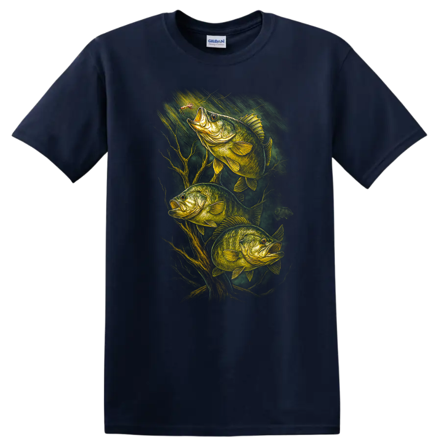 Bass Fishing T Shirt with Three Largemouth Fish Nature Graphic - Navy (Blue)