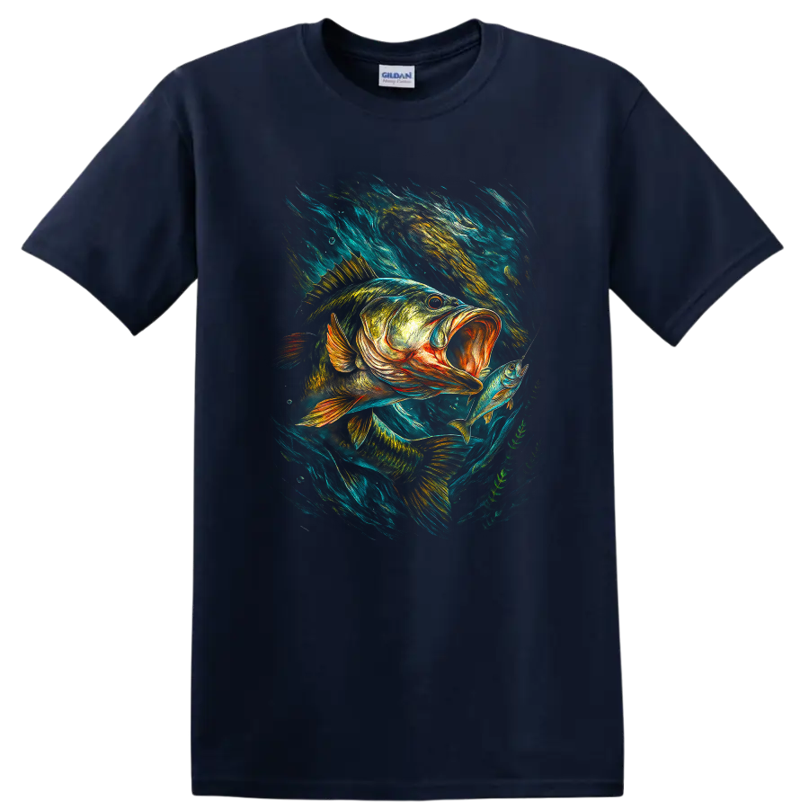 Bass Fishing T Shirt Vibrant Big Fish Catch Angler Art - Navy (Blue)