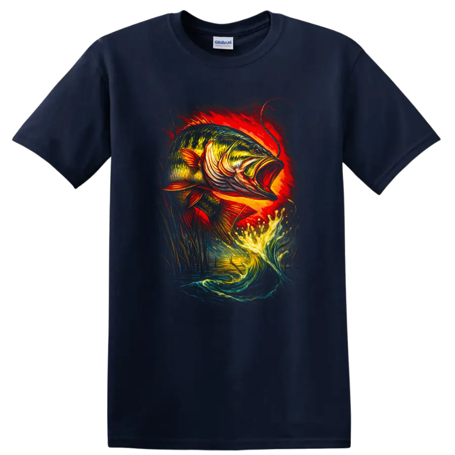 Colorful Leaping Bass Fish Art T Shirt for Anglers and Outdoorsmen - Navy (Blue)