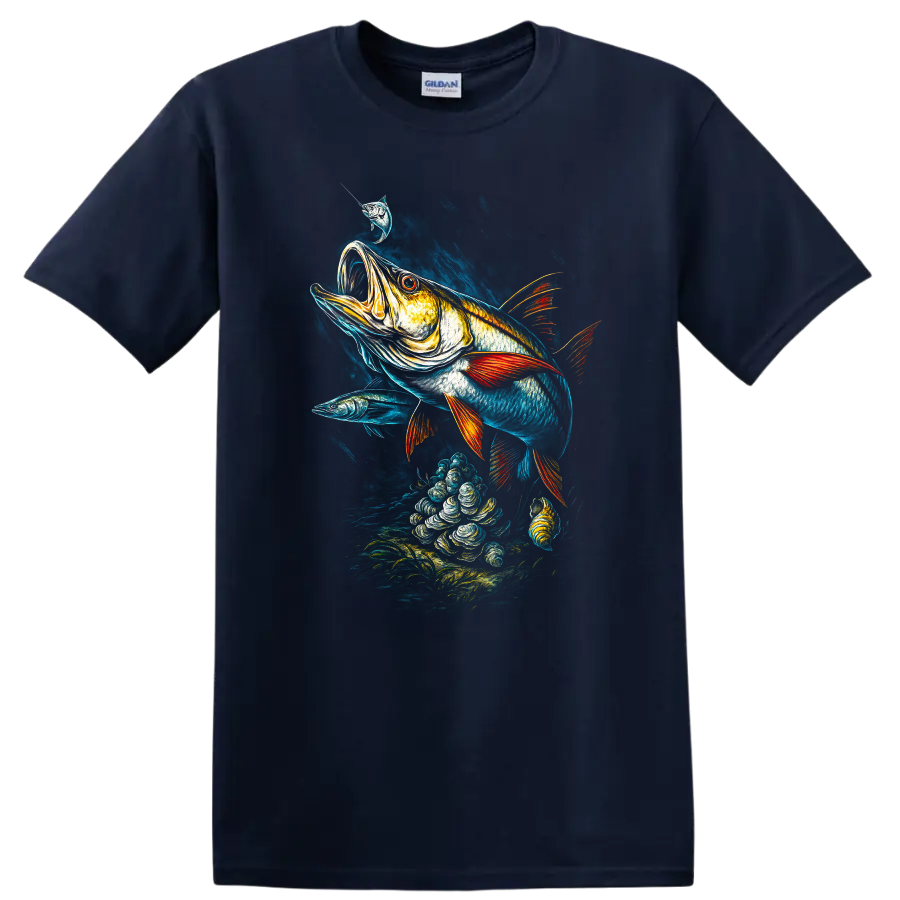 Vibrant Big Fish Underwater Art T Shirt with Bold Fishing Scene - Navy (Blue)