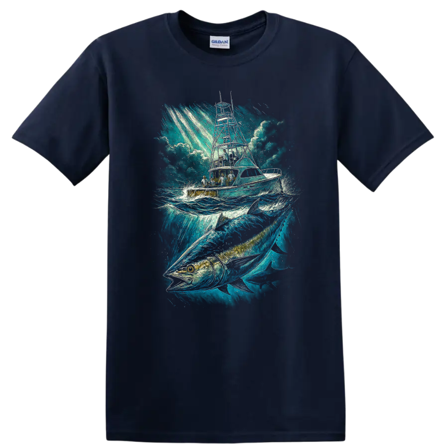 Ocean Fishing Boat and Big Fish T Shirt Blue Maritime Angler Art - Navy (Blue)