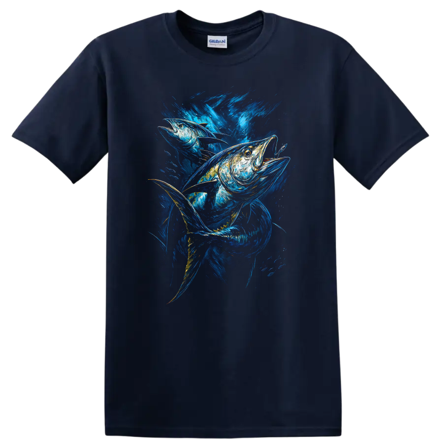 Vibrant Blue Fish Art T Shirt Abstract Ocean Wildlife Graphic - Navy (Blue)