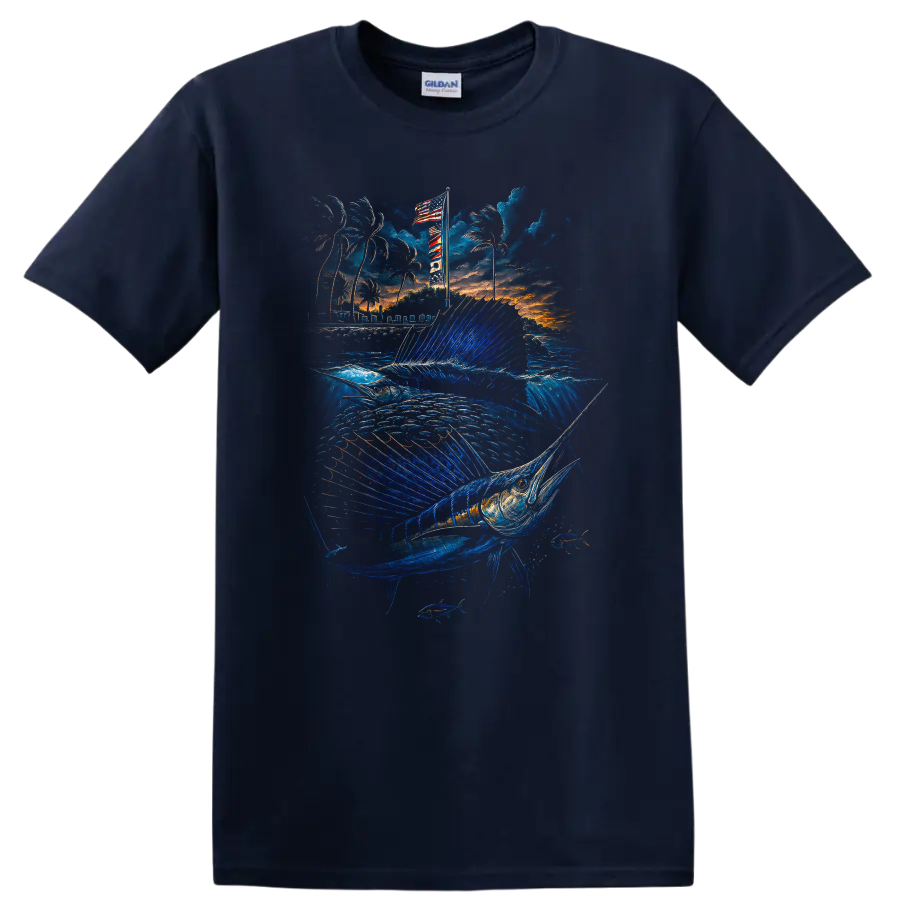 Blue Marlin Fishing Sunset Ocean Fish Graphic T Shirt - Navy (Blue)