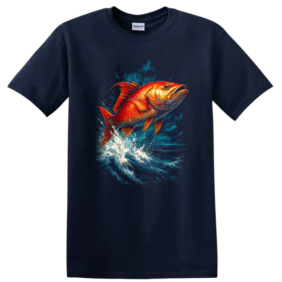Vibrant Jumping Fish Splash Art T Shirt for Anglers and Nature Lovers - Navy (Blue)