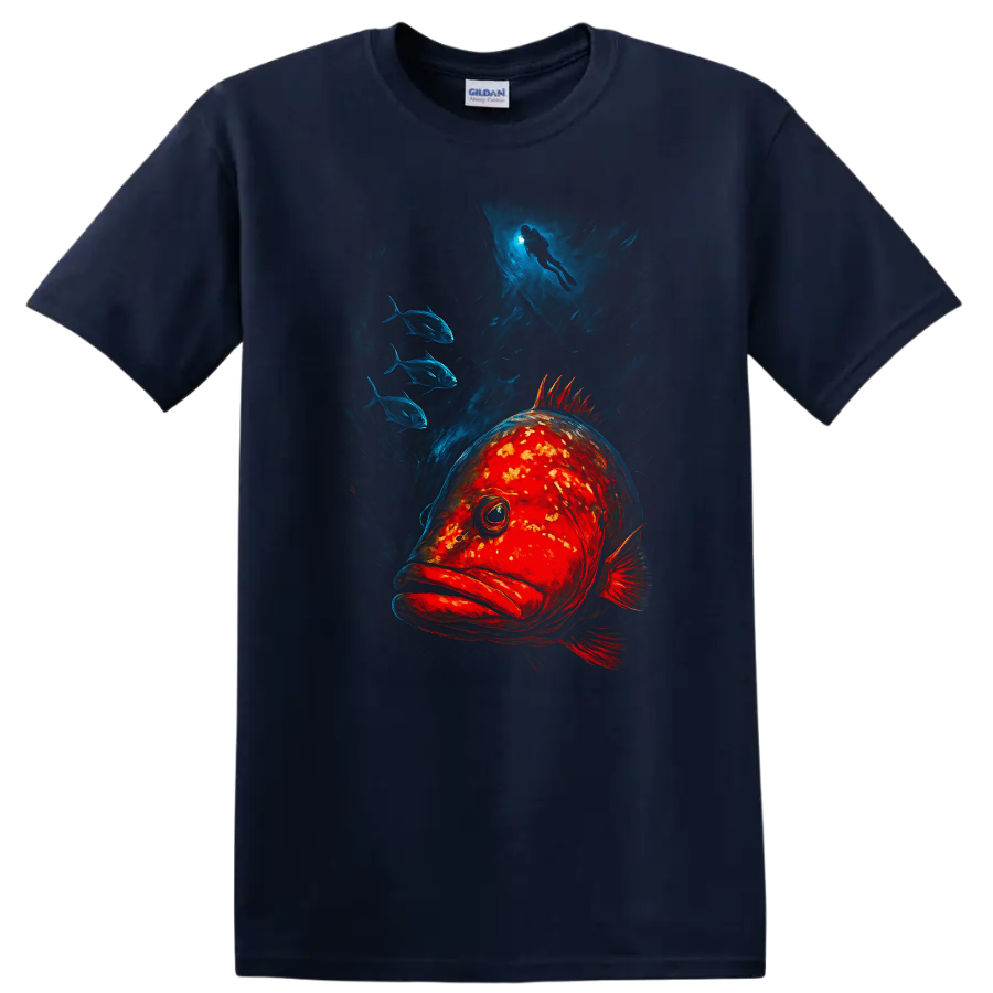 Deep Sea Fish T Shirt Vibrant Ocean Scuba Diver and School Art - Navy (Blue)