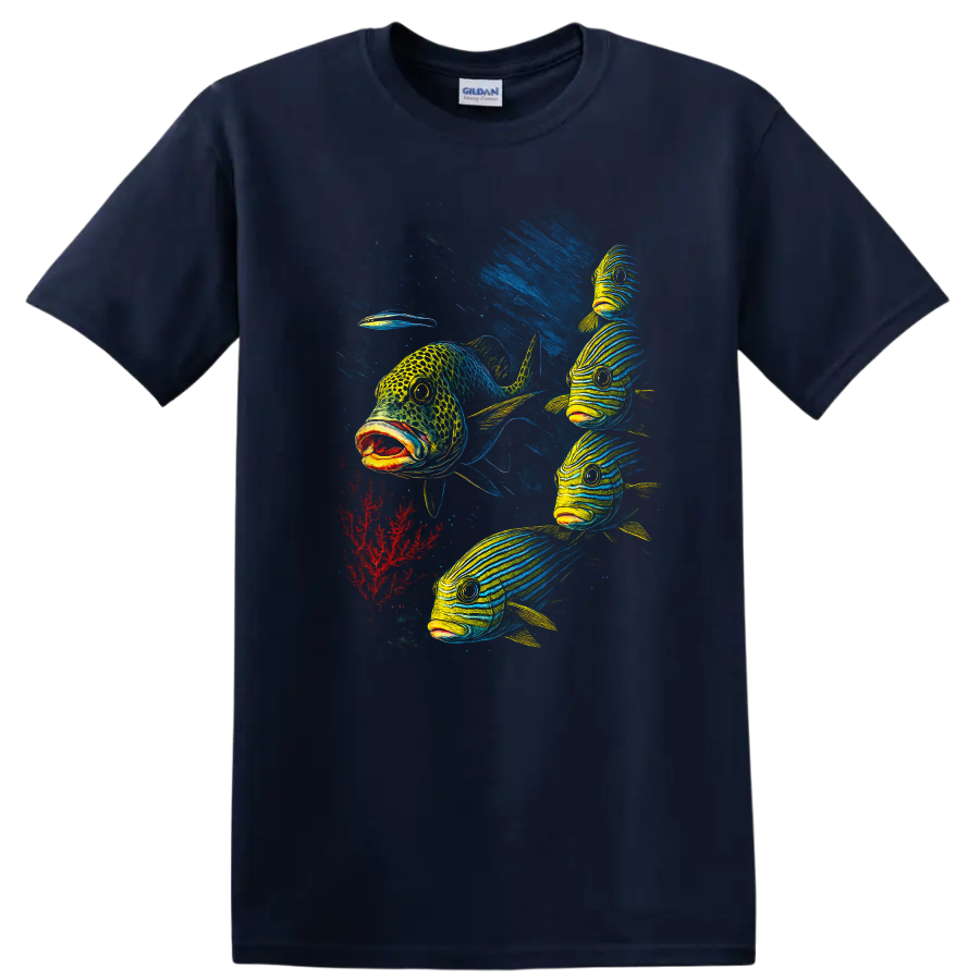 Colorful Fish School Underwater Art T Shirt for Ocean Lovers - Navy (Blue)