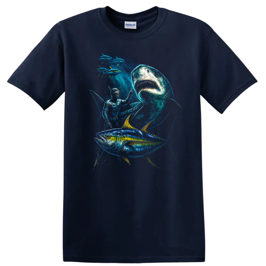 Ocean Fish Predator T Shirt Shark Tuna Diver Deep Sea Art - Navy (Blue)