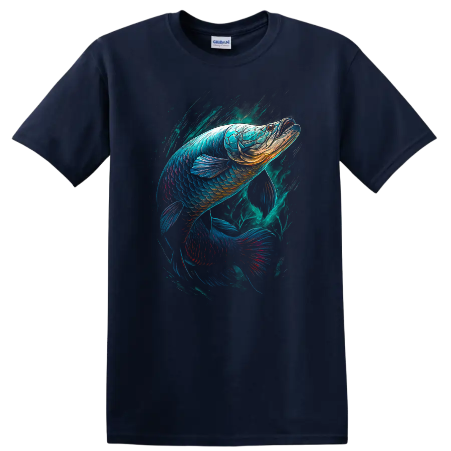 Colorful Neon Fish Art T Shirt for Anglers and Ocean Lovers - Navy (Blue)