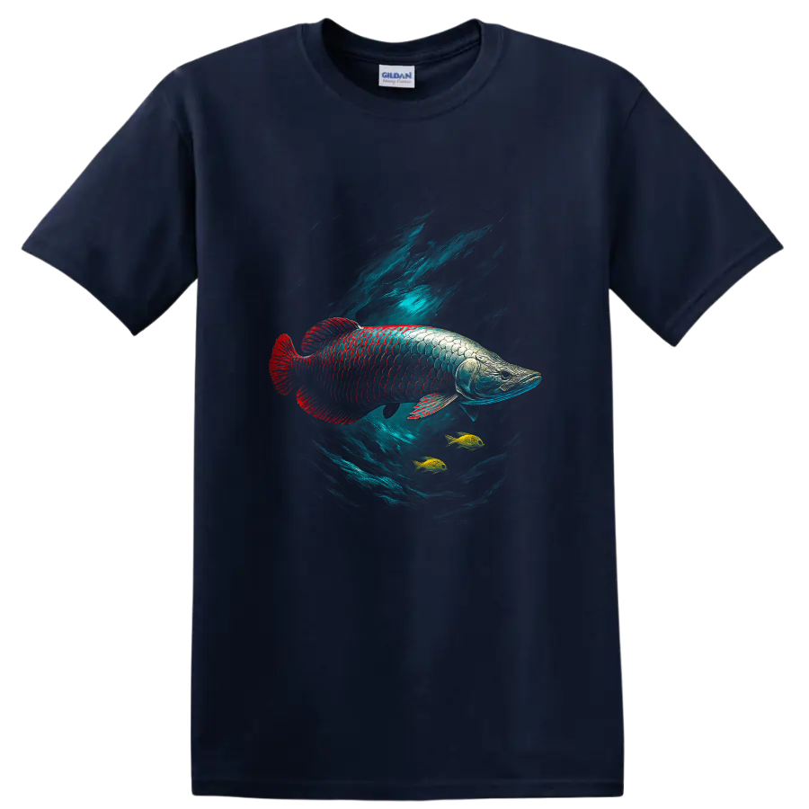 Vibrant Arowana Fish Underwater Art T Shirt for Aquatic Nature Lovers - Navy (Blue)