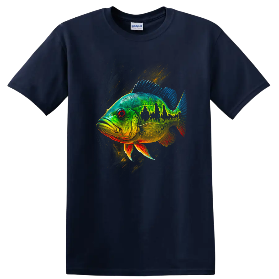 Colorful Fish Art T Shirt Neon Tropical Bass Graphic Tee - Navy (Blue)