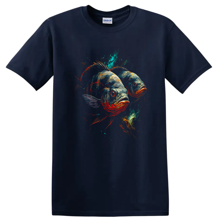 Colorful Fish Duo Graphic T Shirt, Vibrant Aquarium Art Tee - Navy (Blue)