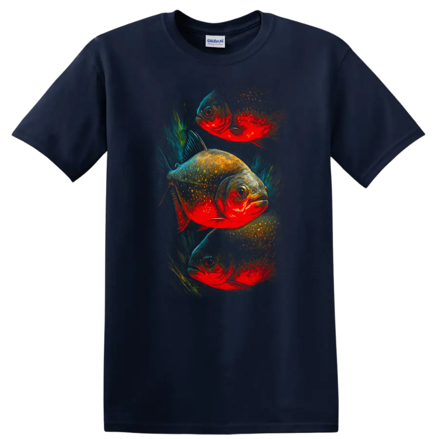 Vibrant Fish Art T Shirt Colorful Tropical Aquarium Style Graphic Tee - Navy (Blue)